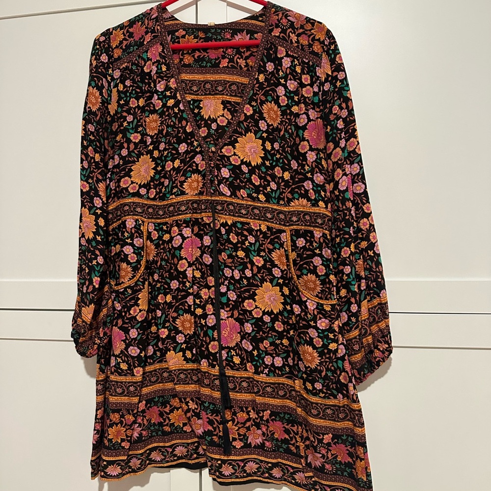 Spell Black Floral Tunic Dress with Pink and Mustard Flowers